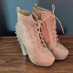 Studded Tan Lace-Up Ankle Boots